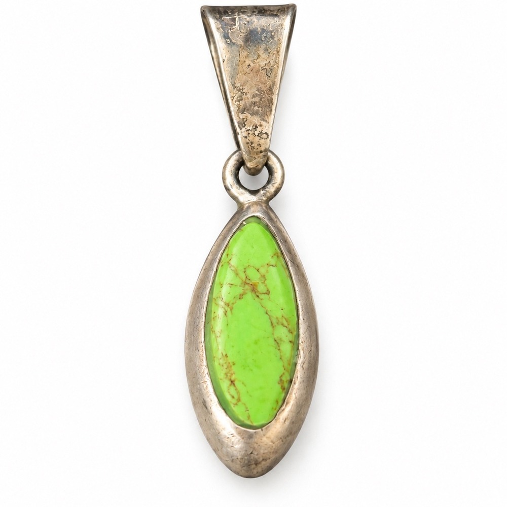 Vintage Sterling Silver Lime Green Turquoise Marquise Pendant Southwestern Style